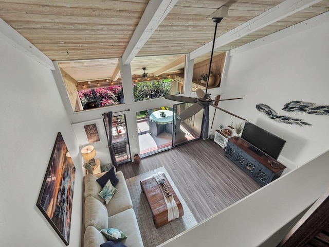 living room featuring ceiling fan, wood ceiling, beamed ceiling, and hardwood / wood-style flooring