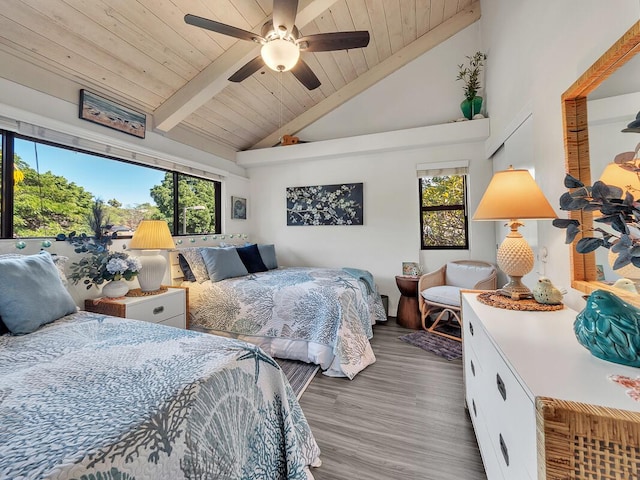 bedroom with wood-type flooring, high vaulted ceiling, wooden ceiling, beamed ceiling, and ceiling fan