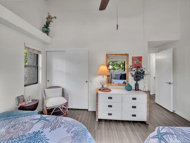 bedroom featuring ceiling fan, a towering ceiling, dark hardwood / wood-style floors, and a closet