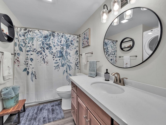 bathroom featuring vanity, hardwood / wood-style floors, curtained shower, and toilet