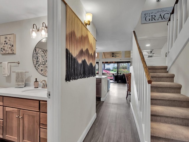 interior space with sink, hardwood / wood-style floors, and ceiling fan