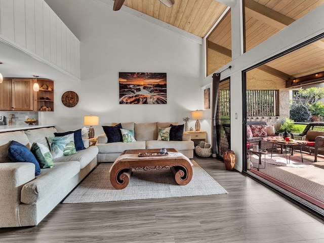 living room with beam ceiling, dark wood-type flooring, wooden ceiling, and high vaulted ceiling