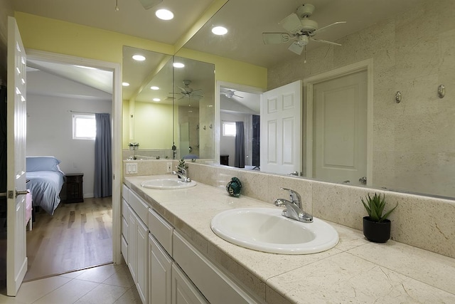 bathroom featuring vanity, tile patterned floors, and ceiling fan