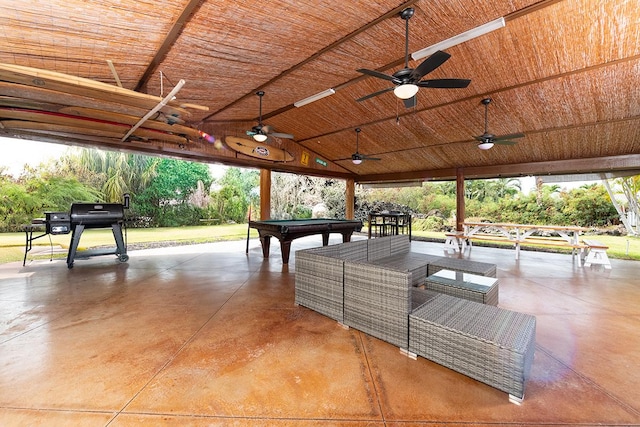 view of patio with a grill, an outdoor hangout area, and ceiling fan