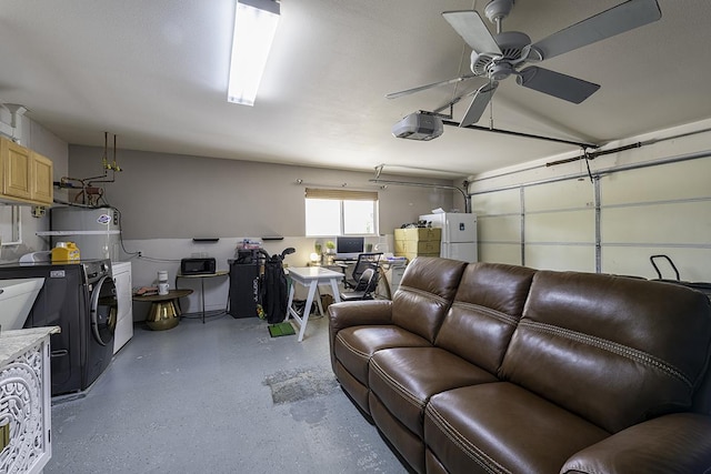 garage featuring strapped water heater, a garage door opener, ceiling fan, washer / dryer, and white fridge