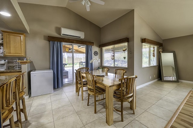 tiled dining area featuring ceiling fan, a wealth of natural light, high vaulted ceiling, and a wall mounted AC