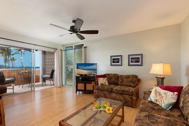 living room featuring light hardwood / wood-style floors and ceiling fan