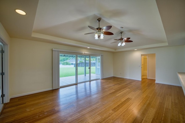 empty room featuring a tray ceiling and light wood-type flooring