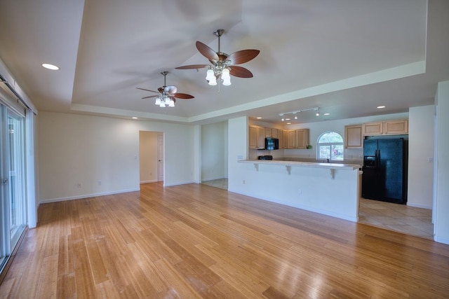 unfurnished living room with a raised ceiling and light wood-type flooring