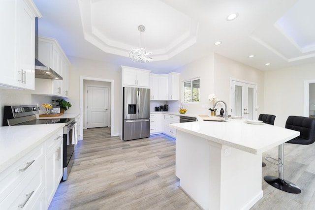 kitchen with a breakfast bar area, white cabinetry, appliances with stainless steel finishes, and a tray ceiling