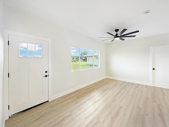 entryway featuring ceiling fan and light wood-type flooring