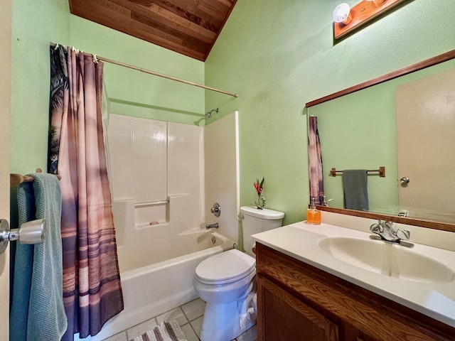 full bathroom with lofted ceiling, toilet, shower / bathtub combination with curtain, wooden ceiling, and tile patterned floors