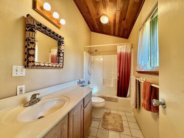 full bathroom featuring tile patterned floors, wood ceiling, vaulted ceiling, vanity, and shower / bath combo