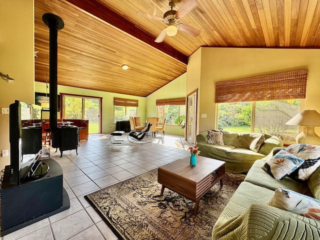 tiled living room featuring wood ceiling, high vaulted ceiling, ceiling fan, and a wood stove