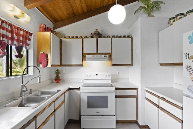 kitchen with white cabinetry, white electric range oven, decorative light fixtures, and sink