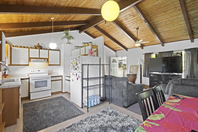 kitchen featuring pendant lighting, white range with electric stovetop, lofted ceiling with beams, white cabinetry, and fridge