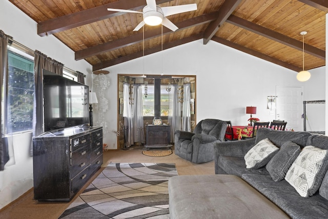 living room featuring ceiling fan, light colored carpet, lofted ceiling with beams, and wooden ceiling