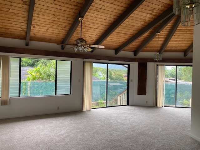 carpeted spare room with lofted ceiling with beams, wooden ceiling, and ceiling fan