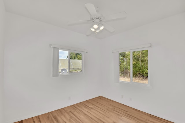 empty room featuring hardwood / wood-style flooring, ceiling fan, and plenty of natural light