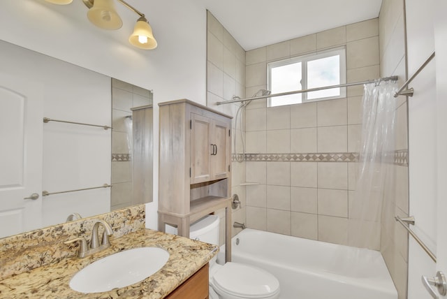 full bathroom with vanity, shower / bathtub combination with curtain, and toilet