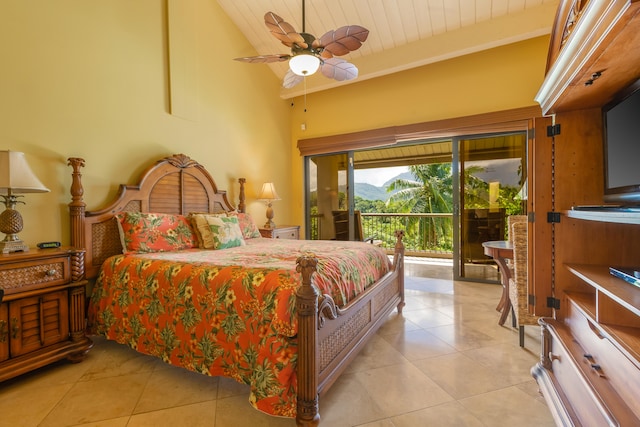 bedroom with lofted ceiling, light tile patterned floors, access to exterior, and ceiling fan