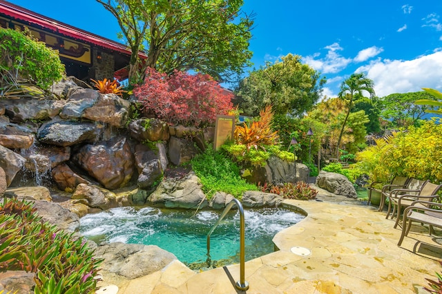 view of pool featuring a patio and a small pond