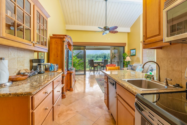 kitchen with wood ceiling, stainless steel appliances, sink, and light stone counters