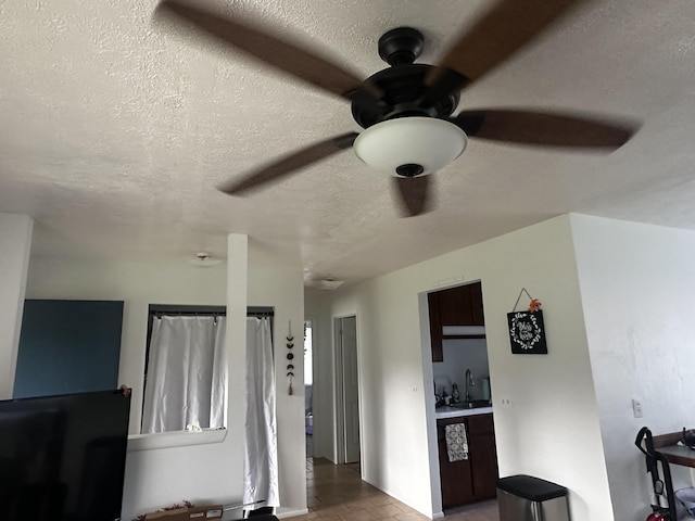 interior details featuring sink, a textured ceiling, and ceiling fan