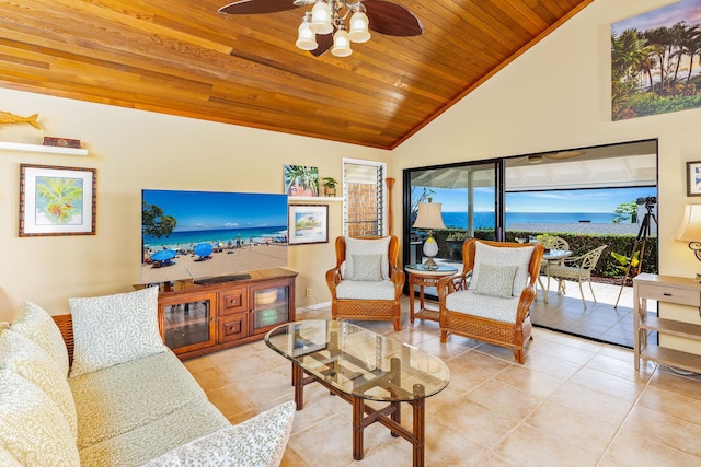 tiled living room featuring wood ceiling, high vaulted ceiling, and ceiling fan