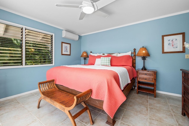 tiled bedroom with ceiling fan, ornamental molding, and a wall mounted air conditioner