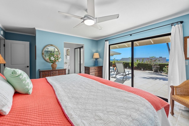 tiled bedroom with access to exterior, ornamental molding, and ceiling fan