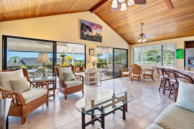 interior space featuring wood ceiling, ceiling fan, high vaulted ceiling, light tile patterned flooring, and beamed ceiling