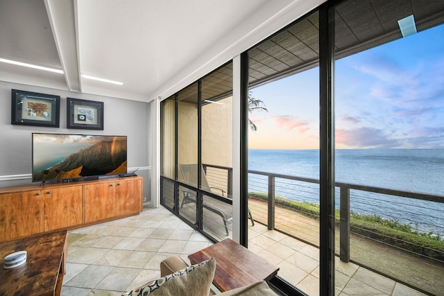 sunroom with a water view