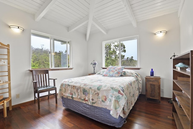 bedroom featuring wood ceiling, dark wood-type flooring, and beamed ceiling