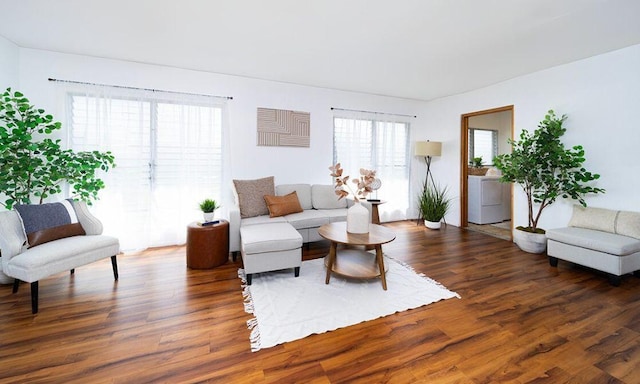 living room with dark hardwood / wood-style floors and washer / dryer