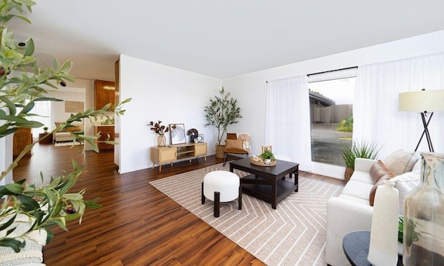 living room with dark wood-type flooring and a healthy amount of sunlight