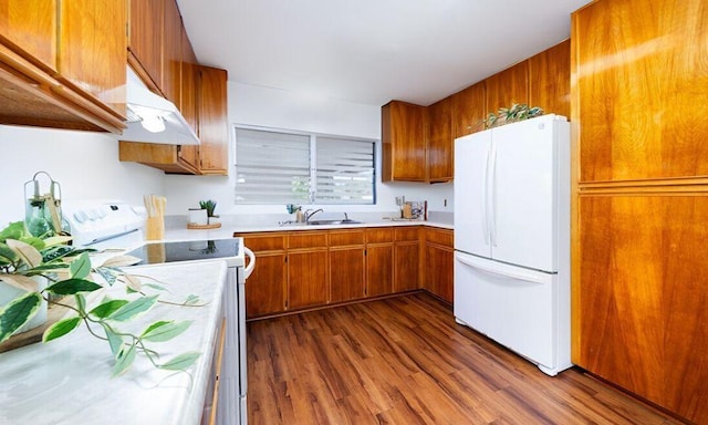 kitchen with dark hardwood / wood-style floors, sink, and white appliances