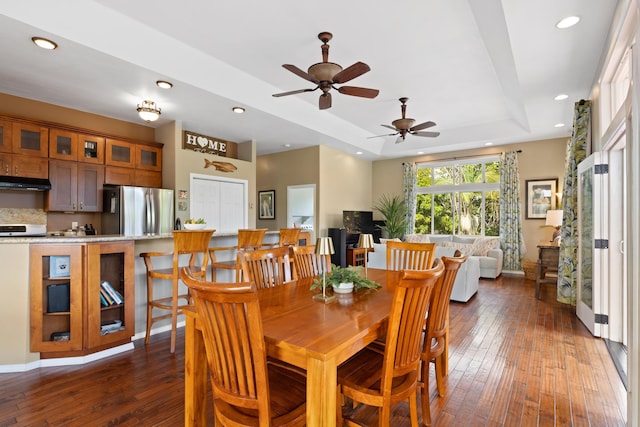 dining room with dark hardwood / wood-style flooring and a tray ceiling