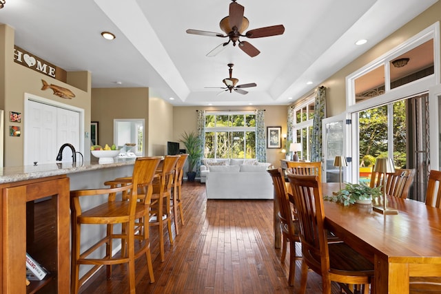 dining space featuring dark hardwood / wood-style floors, sink, and a tray ceiling