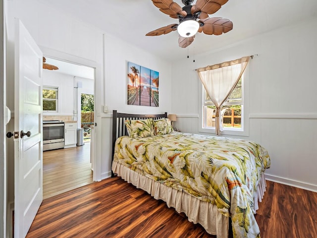 bedroom with dark wood-type flooring and ceiling fan