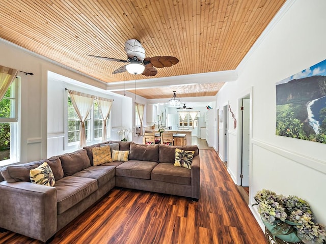 living room featuring crown molding, wood ceiling, dark hardwood / wood-style flooring, and a healthy amount of sunlight