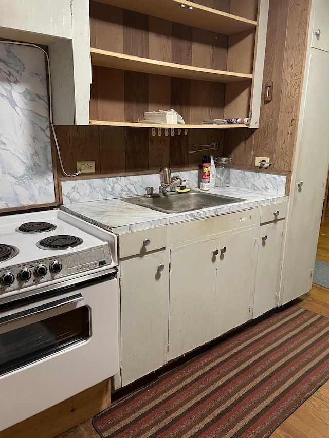 kitchen with dark hardwood / wood-style flooring, sink, and white electric range