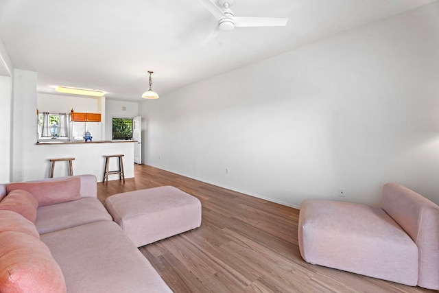 living room featuring light hardwood / wood-style floors and ceiling fan