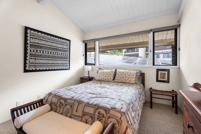 carpeted bedroom with vaulted ceiling with beams and wooden ceiling