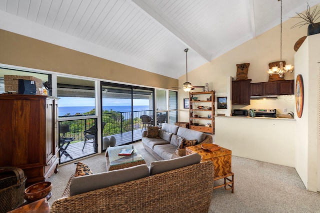 living room featuring high vaulted ceiling, beamed ceiling, light colored carpet, wood ceiling, and a water view