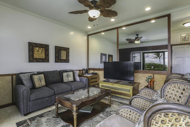 tiled living room featuring crown molding and ceiling fan