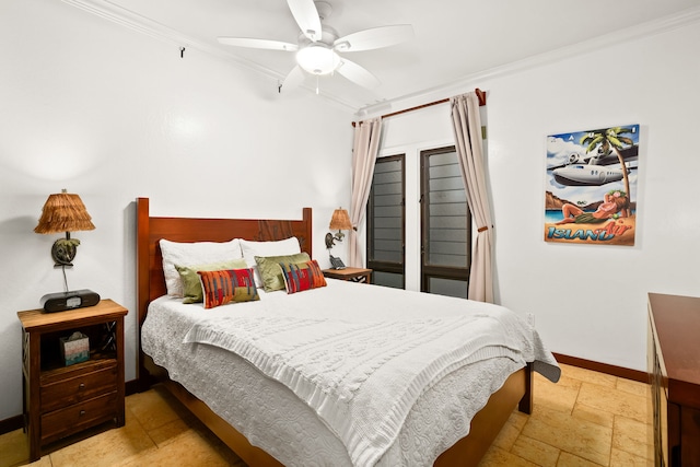 bedroom with crown molding and ceiling fan