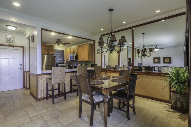 dining space with crown molding and ceiling fan with notable chandelier