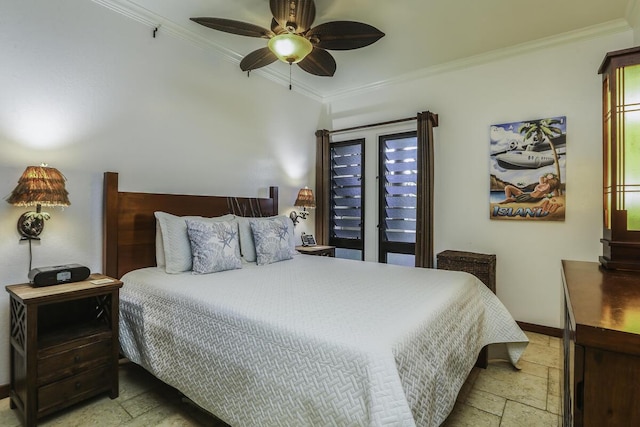 bedroom featuring ornamental molding and ceiling fan