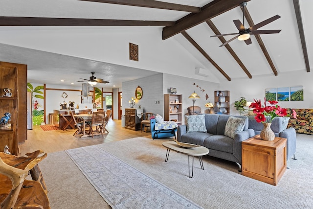 living room featuring ceiling fan, beam ceiling, high vaulted ceiling, a wall unit AC, and light hardwood / wood-style floors